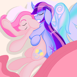 Size: 750x750 | Tagged: safe, artist:lincolm, pinkie pie, twilight sparkle, alicorn, pony, cold blooded twilight, g4, bed, cuddling, female, impossibly large ears, lesbian, ship:twinkie, shipping, sleepover, snuggling, spooning, twilight sparkle (alicorn)