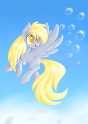 Size: 2500x3500 | Tagged: safe, artist:pumpkinkikile, derpy hooves, pegasus, pony, g4, bubble, female, high res, mare, solo