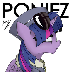 Size: 2000x2000 | Tagged: safe, artist:inkypsycho, commander easy glider, twilight sparkle, alicorn, pony, g4, testing testing 1-2-3, ancient wonderbolts uniform, clothes, female, gorillaz, hat, high res, looking at you, mare, ponified album cover, portrait, profile, solo, twilight sparkle (alicorn)