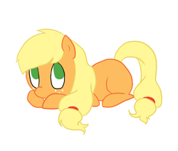 Size: 750x640 | Tagged: safe, applejack, g4, ask, female, filly, prone, rosereplies, simple background, solo, tumblr, younger