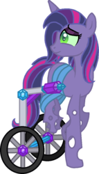 Size: 554x970 | Tagged: safe, artist:starryoak, oc, oc only, oc:prince(ss) quasimodo quartz, changepony, hybrid, crystal, half changeling, handicapped, interspecies offspring, male to female, offspring, parent:queen chrysalis, parent:shining armor, parents:shining chrysalis, simple background, solo, transgender, transparent background, vector, wheel, wheelchair