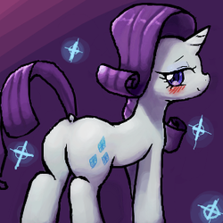 Size: 317x317 | Tagged: safe, artist:yajima, rarity, pony, unicorn, g4, bedroom eyes, blushing, butt, dock, female, gradient background, looking at you, plot, smiling, solo