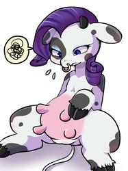 Size: 1023x1365 | Tagged: safe, artist:ayahana, rarity, cow, g4, cloven hooves, cowified, female, nose piercing, nose ring, piercing, raricow, sitting, solo, species swap, udder