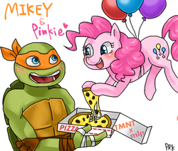 Size: 650x550 | Tagged: safe, artist:tairaseki puriko, pinkie pie, g4, balloon, crossover, food, meat, michelangelo, pepperoni, pepperoni pizza, pinkey, pixiv, pizza, teenage mutant ninja turtles, then watch her balloons lift her up to the sky, tmnt 2012