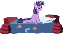 Size: 16000x8739 | Tagged: safe, artist:thorinair, twilight sparkle, alicorn, pony, g4, inspiration manifestation, absurd resolution, bed, bed hair, bed mane, female, mare, messy mane, morning ponies, pillow, simple background, solo, transparent background, twilight sparkle (alicorn), vector, waking up