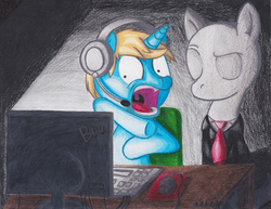 Size: 6566x5073 | Tagged: safe, artist:neonredwings, absurd resolution, headphones, monitor, pc, pewdiepie, playing, ponified, reaction, scared, screaming, slendermane, slenderpony