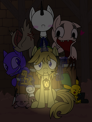 Size: 1200x1600 | Tagged: safe, artist:cuttycommando, pikachu, pony, amnesia: a machine for pigs, amnesia: the dark descent, heart, imminent rape, levitation, oil lamp, pewdiepie, safest, slendermane, slenderpony, stephano