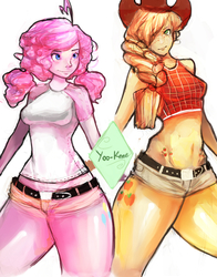 Size: 994x1270 | Tagged: safe, artist:yunni-yunni, applejack, pinkie pie, human, g4, belly button, clothes, duo, female, humanized, midriff, pony coloring, shorts, wide hips