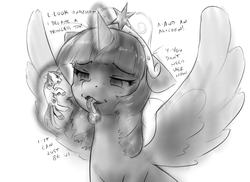 Size: 1225x890 | Tagged: safe, artist:alloyrabbit, princess cadance, shining armor, twilight sparkle, alicorn, pony, friendship is witchcraft, g4, bedroom eyes, caddybuse, dialogue, female, fetish, floppy ears, giantess, incest, levitation, macro, magic, male, mare, micro, monochrome, not creepy, not evil, open mouth, preydance, scared, ship:shiningsparkle, shipping, sitting, size difference, smiling, spread wings, straight, tail sticking out, taunting, telekinesis, twilight sparkle (alicorn), twipred, vore, yandere, yanderelight sparkle