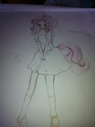 Size: 500x669 | Tagged: artist needed, safe, sweetie belle, human, g4, explicit source, female, humanized, photo, solo, tailed humanization, traditional art