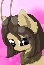 Size: 2400x3600 | Tagged: safe, artist:askthemothponies, oc, oc only, oc:sepia, mothpony, original species, ask the moths, blushing, high res, looking down, solo