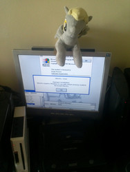 Size: 2448x3264 | Tagged: safe, artist:onlyfactory, derpy hooves, pegasus, pony, g4, bootleg, computer, error, female, high res, irl, mare, microsoft windows, photo, plushie, solo, wii, windows 3.1