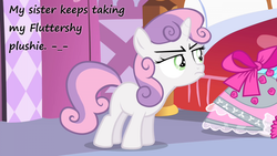 Size: 800x450 | Tagged: safe, screencap, fluttershy, sweetie belle, g4, female, insane pony thread, plushie, pouting, solo