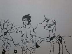 Size: 2304x1728 | Tagged: artist needed, safe, princess luna, changeling, g4, blood, chidori, crossover, monochrome, traditional art, uchiha sasuke