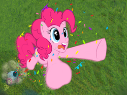 Size: 1362x1020 | Tagged: safe, artist:hope(n forever), pinkie pie, earth pony, pony, g4, confetti, drool, female, grass, grass field, mare, motion blur, party cannon, perspective, pony cannonball, smoke, solo, tongue out