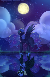 Size: 704x1088 | Tagged: safe, artist:omgproductions, nightmare moon, princess luna, g4, cloud, cloudy, duality, female, moon, reflection, solo, stars