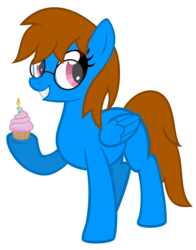 Size: 2200x2800 | Tagged: safe, artist:the smiling pony, oc, oc only, oc:sunnyside, pegasus, pony, g4, cupcake, female, glasses, grin, high res, hoof hold, looking at you, mare, simple background, smiling, solo, transparent background