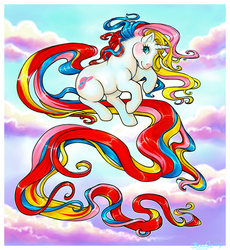 Size: 650x707 | Tagged: safe, artist:penanggalan, bouquet (g1), pony, unicorn, g1, 2014, blushing, cloud, female, floating, impossibly long tail, long tail, looking at you, mare, sky background, solo, tail