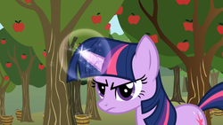 Size: 1365x768 | Tagged: safe, screencap, twilight sparkle, alicorn, pony, unicorn, applebuck season, g4, female, frown, glare, magic, mare, solo, unicorn twilight