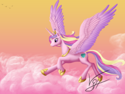 Size: 1024x768 | Tagged: safe, artist:vgiselleh, princess cadance, g4, cloud, cloudy, female, flying, sky, smiling, solo, spread wings
