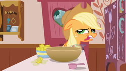 Size: 1365x768 | Tagged: safe, screencap, applejack, earth pony, pony, applebuck season, g4, bowl, disgusted, door, faic, female, food, lemon, looking up, mare, measuring cup, open mouth, solo, sour, sugarcube corner