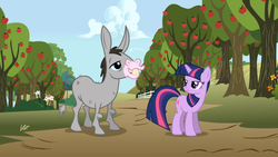 Size: 1365x768 | Tagged: safe, screencap, cletus, twilight sparkle, hybrid, mule, pony, unicorn, applebuck season, g4, apple orchard, apple tree, bedroom eyes, bucktooth, duo, female, male, mare, tree, unicorn twilight