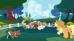 Size: 1365x768 | Tagged: safe, screencap, applejack, winona, dog, earth pony, pony, rabbit, applebuck season, g4, cornered, female, mare