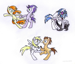 Size: 680x585 | Tagged: safe, artist:pandan009, carrot top, derpy hooves, dj pon-3, doctor whooves, golden harvest, octavia melody, time turner, vinyl scratch, written script, earth pony, pegasus, pony, unicorn, g4, dancing, female, lesbian, male, mare, ship:doctorderpy, ship:goldenscript, ship:scratchtavia, shipping, stallion, straight
