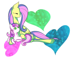 Size: 2500x2000 | Tagged: safe, artist:lillinettix, fluttershy, sweetie belle, g4, eyes closed, high res, hug, on side, prone, sitting, smiling