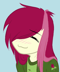 Size: 417x500 | Tagged: artist needed, safe, artist:cant-stop-staring, roseluck, human, g4, :3, blushing, clothes, cute, cutie mark, cutie mark on clothes, cyan background, eyes closed, female, humanized, lucky star, rosabetes, simple background, smiling, solo