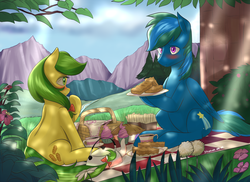 Size: 1250x909 | Tagged: safe, artist:siberwar, apple fritter, oc, oc:midnight rush, earth pony, pegasus, pony, g4, apple family member, blushing, canon x oc, cottagecore, food, kettle, male, outdoors, picnic, sharing, shipping, straight, tea