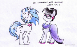 Size: 772x469 | Tagged: safe, artist:pandan009, dj pon-3, octavia melody, vinyl scratch, g4, alternate hairstyle, bowtie, clothes, dress