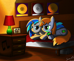Size: 3000x2485 | Tagged: safe, artist:stein-vs, oc, oc only, oc:homage, oc:littlepip, pony, unicorn, fallout equestria, bed, blushing, cutie mark, fanfic, fanfic art, female, high res, horn, lamp, mare, oc x oc, pipbuck, prone, ship:pipmage, shipping