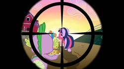 Size: 1366x768 | Tagged: safe, edit, screencap, rainbow dash, spike, twilight sparkle, g4, crosshair, sniper