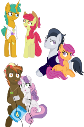 Size: 600x900 | Tagged: safe, artist:ponbet10, apple bloom, button mash, rumble, scootaloo, snails, sweetie belle, g4, clothes, female, male, older, ship:rumbloo, ship:snailbloom, ship:sweetiemash, shipping, straight