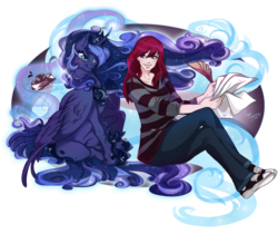 Size: 1280x1073 | Tagged: safe, artist:cigarscigarettes, princess luna, human, g4, duo, ink, lauren faust, paper, quill, sitting, windswept mane, writing