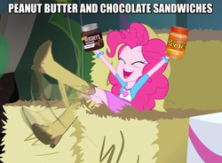 Size: 886x653 | Tagged: safe, screencap, pinkie pie, equestria girls, g4, my little pony equestria girls: rainbow rocks, chocolate, female, happy, hershey's chocolate spread, image macro, meme, peanut butter, product placement, reese's peanut butter, solo