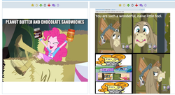 Size: 512x278 | Tagged: safe, cranky doodle donkey, pinkie pie, donkey, derpibooru, equestria girls, g4, accepted meme that never ends, apple closet, exploitable meme, juxtaposition, juxtaposition win, meme, meta, newspaper meme, product placement, the meme that never ends, the ride never ends, we are running out of meme ideas