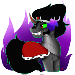 Size: 729x731 | Tagged: safe, artist:warmsoup, king sombra, g4, armor, curved horn, dark magic, fangs, grin, horn, magic, male, simple background, smiling, solo, sombra eyes, transparent background