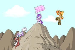 Size: 3600x2400 | Tagged: safe, artist:flowertartanon, oc, oc only, oc:dandelion, oc:flowertart, oc:orange pop, earth pony, mothpony, original species, pony, day, earth pony oc, flying, high res, looking down, mountain