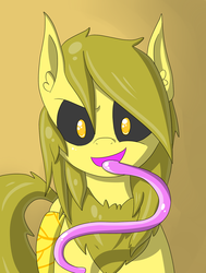 Size: 1280x1697 | Tagged: safe, artist:askthemothponies, oc, oc only, oc:golden corral, mothpony, original species, ask the moths, gradient background, looking at you, simple background, solo, tentacle tongue, tentacles, tongue out, tumblr, yellow background