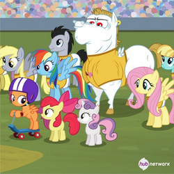 Size: 612x612 | Tagged: safe, screencap, apple bloom, bulk biceps, derpy hooves, fluttershy, helia, lucky clover, rainbow dash, scootaloo, sweetie belle, pegasus, pony, equestria games (episode), g4, cutie mark crusaders, equestria games, female, hub logo, mare