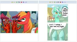 Size: 511x277 | Tagged: safe, artist:wiggabuysomeapples, big macintosh, lyra heartstrings, earth pony, pony, derpibooru, g4, comic, exploitable meme, hand, implied rape, juxtaposition, juxtaposition win, male, meme, meta, reference, spongebob meets the strangler, spongebob squarepants, stallion, that pony sure does love hands, the sponge who could fly