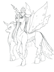 Size: 871x1164 | Tagged: safe, artist:longinius, queen chrysalis, changeling, changeling queen, g4, female, grayscale, lineart, monochrome