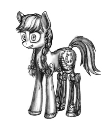 Size: 2448x2794 | Tagged: safe, artist:nukechaser, jinx, cyborg, earth pony, pony, g4, alternate universe, amputee, disabled, female, grayscale, high res, katawa jinx, monochrome, pencil drawing, prosthetic limb, prosthetics, simple background, solo