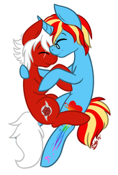 Size: 862x1275 | Tagged: safe, artist:lilliesinthegarden, oc, oc only, oc:azu, oc:secretagentpony, cuddling, cute, eyes closed, gay, glasses, hug, male, on side, scar, smiling, snuggling