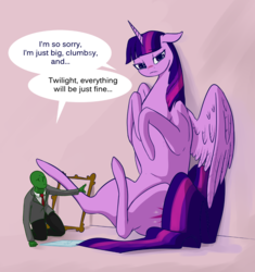 Size: 1000x1065 | Tagged: safe, artist:nivrozs, twilight sparkle, oc, oc:anon, alicorn, pony, g4, belly, concave belly, crying, disproportional anatomy, female, floppy ears, frown, giant pony, kneeling, macro, mare, misspelling, on back, sad, size difference, spread wings, twilight sparkle (alicorn)