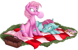 Size: 1700x1100 | Tagged: safe, artist:themackerel, minty, pinkie pie (g3), g3, apple core, bedroom eyes, bubblegum, female, lesbian, picnic, ship:mintypie, shipping, simple background, transparent background, wink