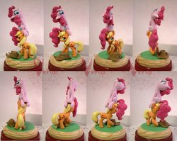 Size: 1992x1588 | Tagged: safe, artist:viistar, applejack, pinkie pie, g4, clay, duo, female, figurine, hat, mare, pinkie pie riding applejack, ponies riding ponies, riding, sitting on head, turnaround