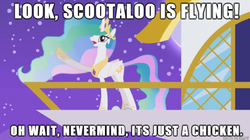 Size: 610x342 | Tagged: safe, artist:viva reverie, princess celestia, scootaloo, chicken, princess celestia being deep, g4, celestia pointing, female, meme, scootachicken, scootaloo can't fly, show accurate, solo, text